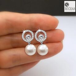 SIVYAA Solitaire Life of Circle Classic White Pearl drop Dangle Pure Silver stud earrings