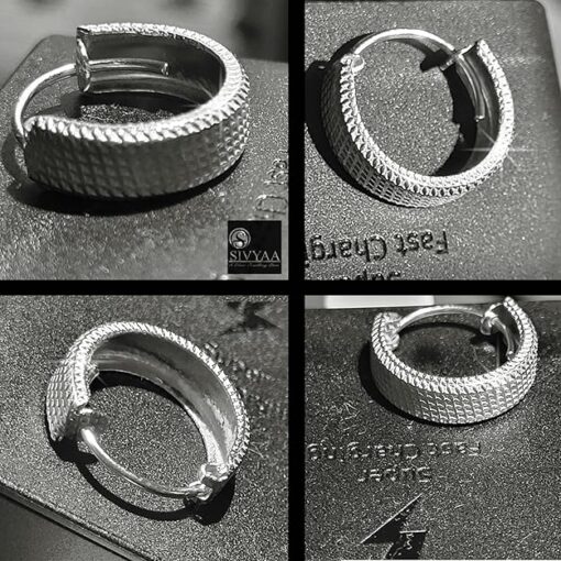 all side view- men's grid textured round flattish edge gold finish pure silver hoop bali earring