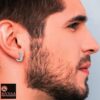 model wearing -SIVYAA- men's grid textured round flattish edge gold finish pure silver hoop bali earring,15mm