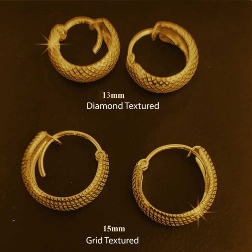 SIVYAA diamond & grid textured round curvish edge gold 13mm & 15mm hoop bali earring