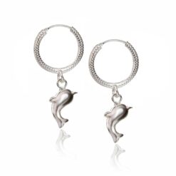 dolphin charm drop Textured Round Silver hoop bali