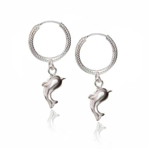 dolphin charm drop Textured Round Silver hoop bali