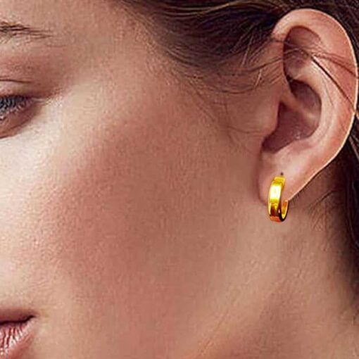 Gold Finish Plain Round Solid Flattish Hoop Earring - Image 2