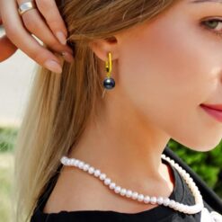 model wearing-SIVYAA gold finish Solitaire Classic Black Pearl Drop Dangle pure silver Hoop Earrings
