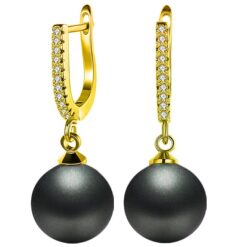SIVYAA gold finish Solitaire Classic Black Pearl Drop Dangle pure silver Hoop Earrings
