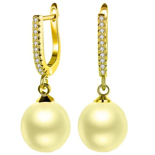 gold finish Solitaire Classic Gold Pearl Drop Dangle pure silver Hoop Earrings