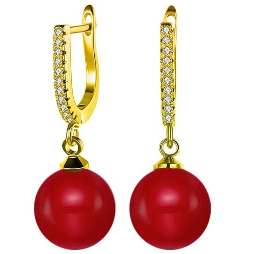 SIVYAA gold finish Solitaire Classic Red Pearl Drop Dangle pure silver Hoop Earrings