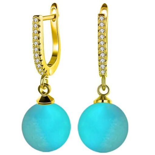 SIVYAA gold finish Solitaire Classic Turquoise Pearl Drop Dangle Hoop Earrings