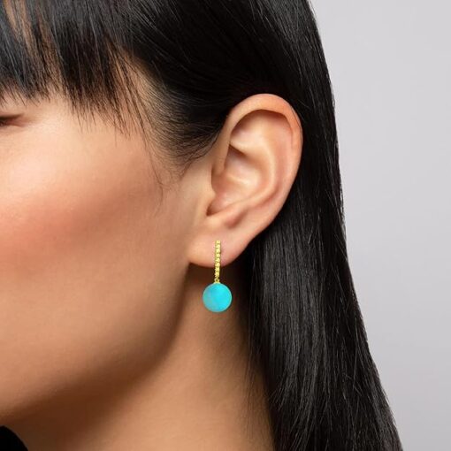 model wearing-SIVYAA gold finish Solitaire Classic Turquoise Pearl Drop Dangle Hoop Earrings