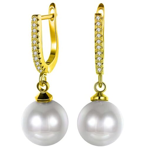 SIVYAA gold finish Solitaire Classic White Pearl Drop Dangle pure silver Hoop Earrings