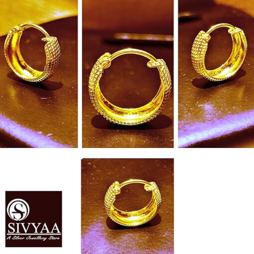 all side view- SIVYAA gold polish round grid textured curvish edge 15mm hoop earring