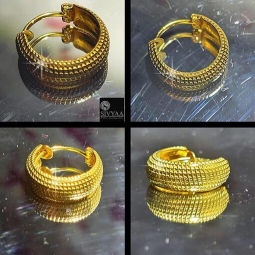 SIVYAA gold polish round grid textured curvish edge 15mm hoop -all side view