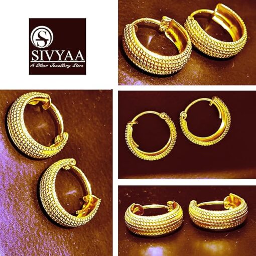 all side view- SIVYAA gold polish round grid textured curvish edge hoop bali earring 15mm
