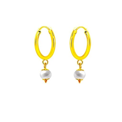 Gold Finish White Fresh Water Round Drop Pearl Plain Hoop Earring - Image 3