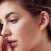 model wearing- SIVYAA grid textured round flattish edge gold finish pure silver hoop earring