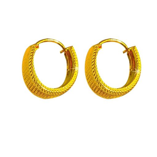 SIVYAA grid textured round flattish edge gold finish pure silver hoop bali earring