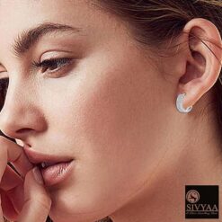 model wearing- grid textured round flattish edge pure silver hoop bali earring,15mm