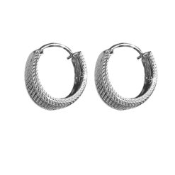 SIVYAA grid textured round flattish edge pure silver hoop bali earring
