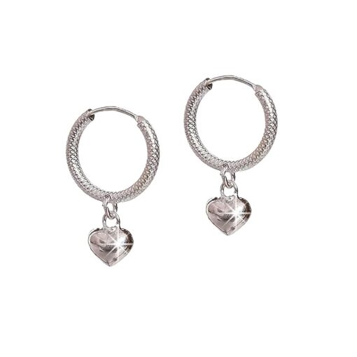 SIVYAA heart charm drop Textured Round Silver hoop
