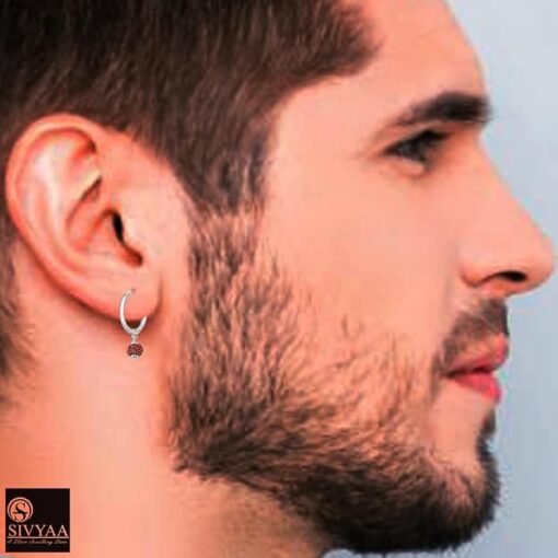 male model- SIVYAA men's single rudraksh bead drop charm silver hoop earring
