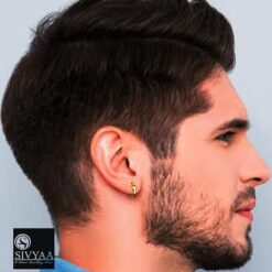 male model wearing- Men's plain Gold Finish Round curvish edge Hoop Bali Earring 13mm-SIVYAA