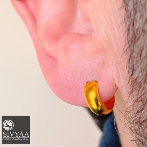 male model wearing- Men's plain Gold Finish Round curvish edge Hoop Bali Earring-SIVYAA