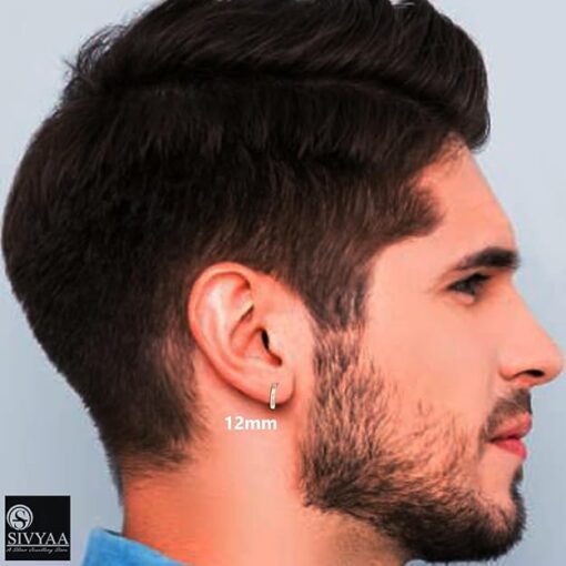 SIVYAA male model wearing - flat 2mm th 12mm silver hoop-2