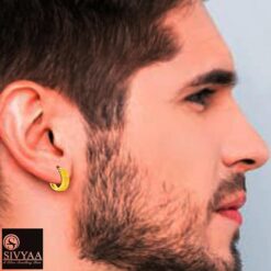 male model wearing- SIVYAA men's grid textured round flattish edge gold finish bali earring