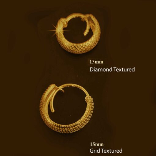 men's diamond & grid textured round curvish edge gold 13mm & 15mm hoop bali earring