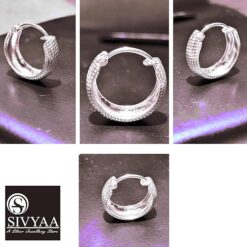 all side view -SIVYAA men's round grid textured curvish edge 15mm pure silver hoop bali