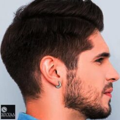 men's flower textured kaju silver hoop -male model wearing