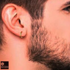 gold model wearing 2mm th 12mm men's single round silver hoop_3