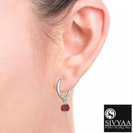 model wearing-SIVYAA rudraksh bead drop charm silver hoop
