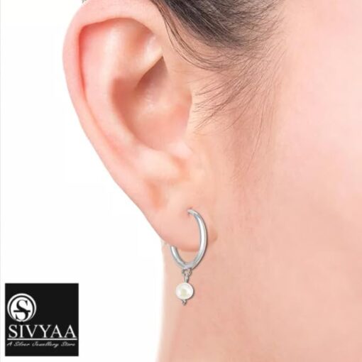 SIVYAA model wearing- drop white pearl charm pure silver hoop