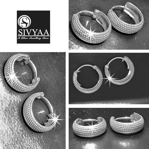 all sizes- SIVYAA round grid textured curvish edge pure silver hoop bali earring 15mm