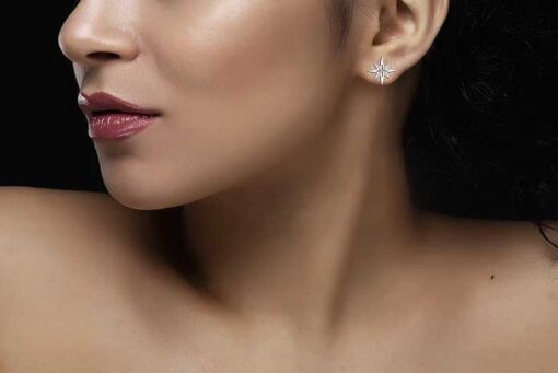 model wearing-SIVYAA pure silver Starburst CZ Stud Earrings for Women & Girls