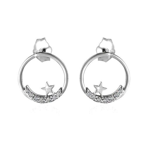 Silver Moon n Star Round CZ Stud Earring