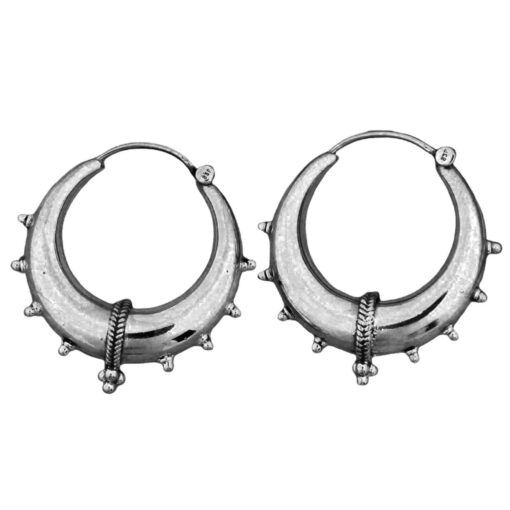 Oxidized 925 silver tribal hoop earrings with dotted accents and crescent design