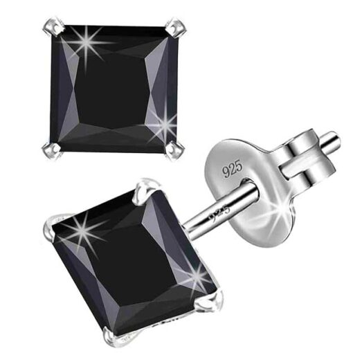 9mm 925 silver Black Princess Cut CZ Stud Earrings