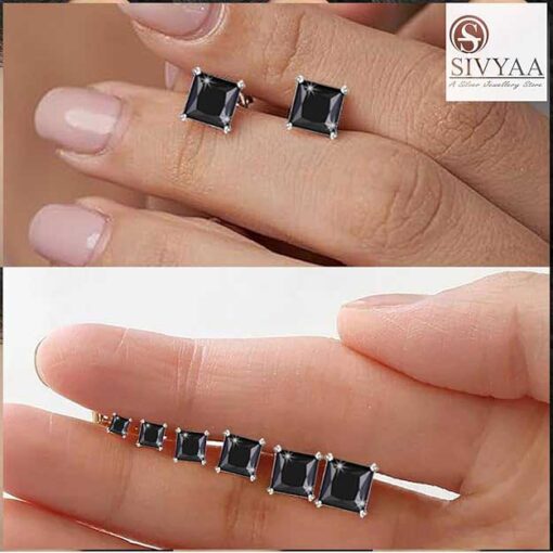 real pic- 925 silver Black Princess Cut CZ Stud Earrings