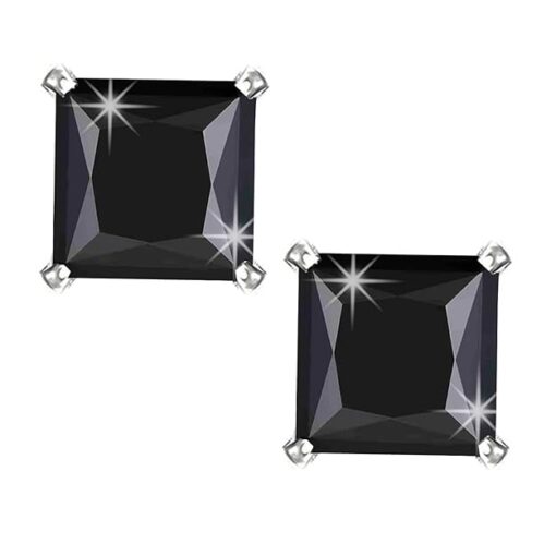 front side view - 925 silver Black Princess Cut CZ Stud Earrings