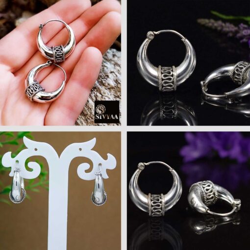 side view-23mm 925 sterling silver oxidized crescent tribal hoop earrings with filigree central design