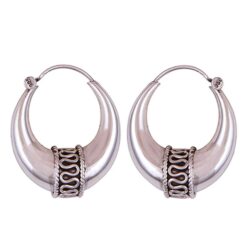 925 sterling silver oxidized crescent tribal hoop earrings with filigree central design