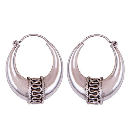 23mm 925 sterling silver oxidized crescent tribal hoop earrings with filigree central design