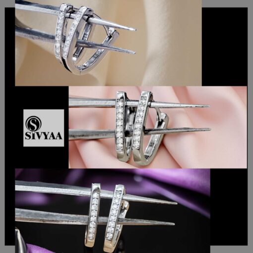 925 sterling silver V-shaped hoop earrings with sparkling CZ stones – side angle